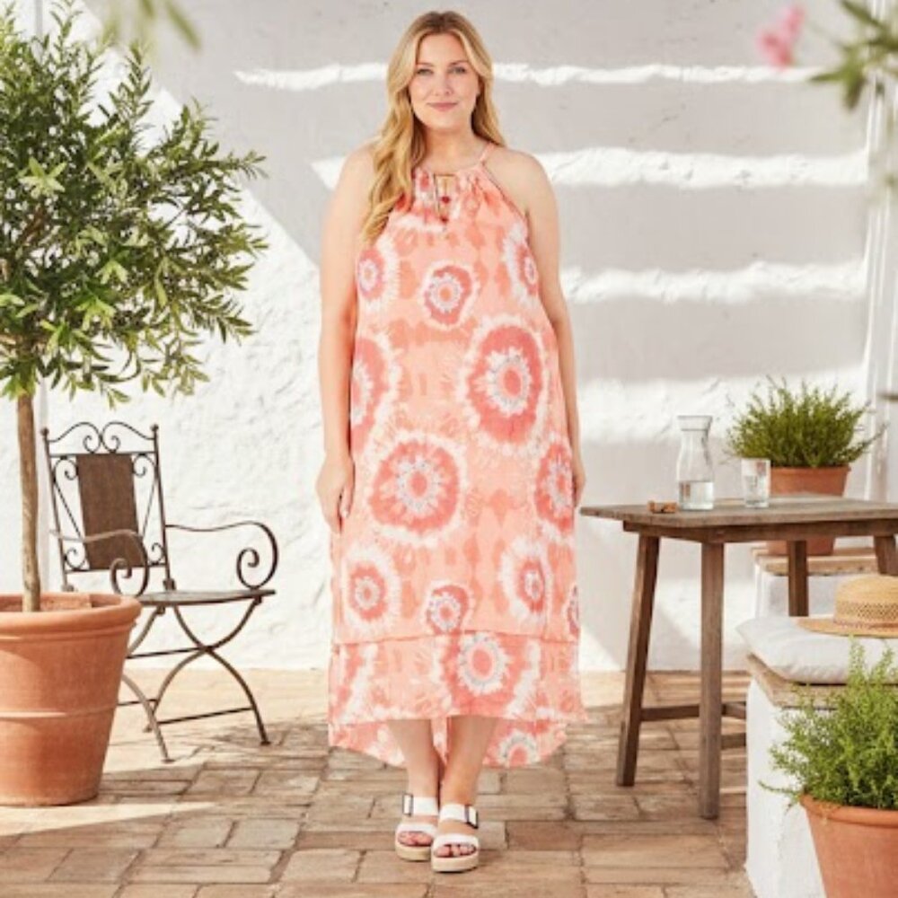 Mlle Gabrielle NEW Sleeveless Coral Orange Hi neck Charm Hi lo Maxi Dress L
